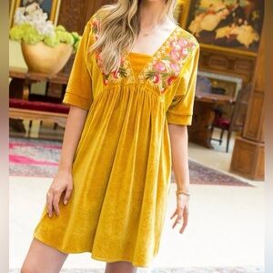 THML Yellow Gold Red Embroidered Floral Velvet Babydoll Dress Size Small Anthro